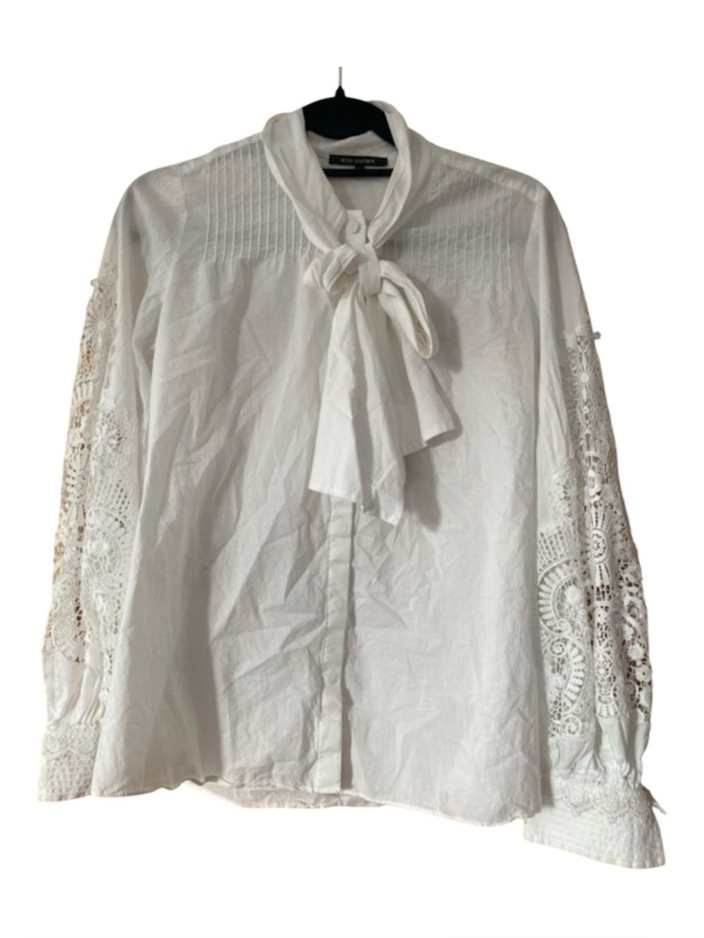Kobi Halperin White Cotton Lace Sleeve Blouse Tie Neck Pintuck Top Size S